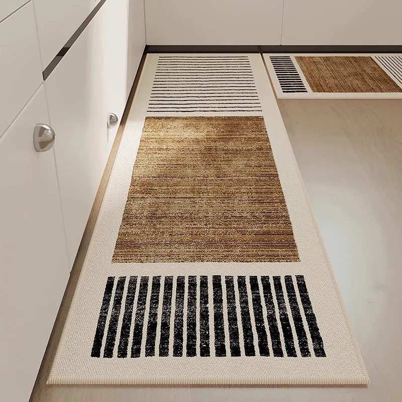 Kitchen Carpet Non-slip Waterproof Stain-resistant Floor Mat Geometric Lines Brown Rug Long Strip Home Decorative Mats 주방 러그