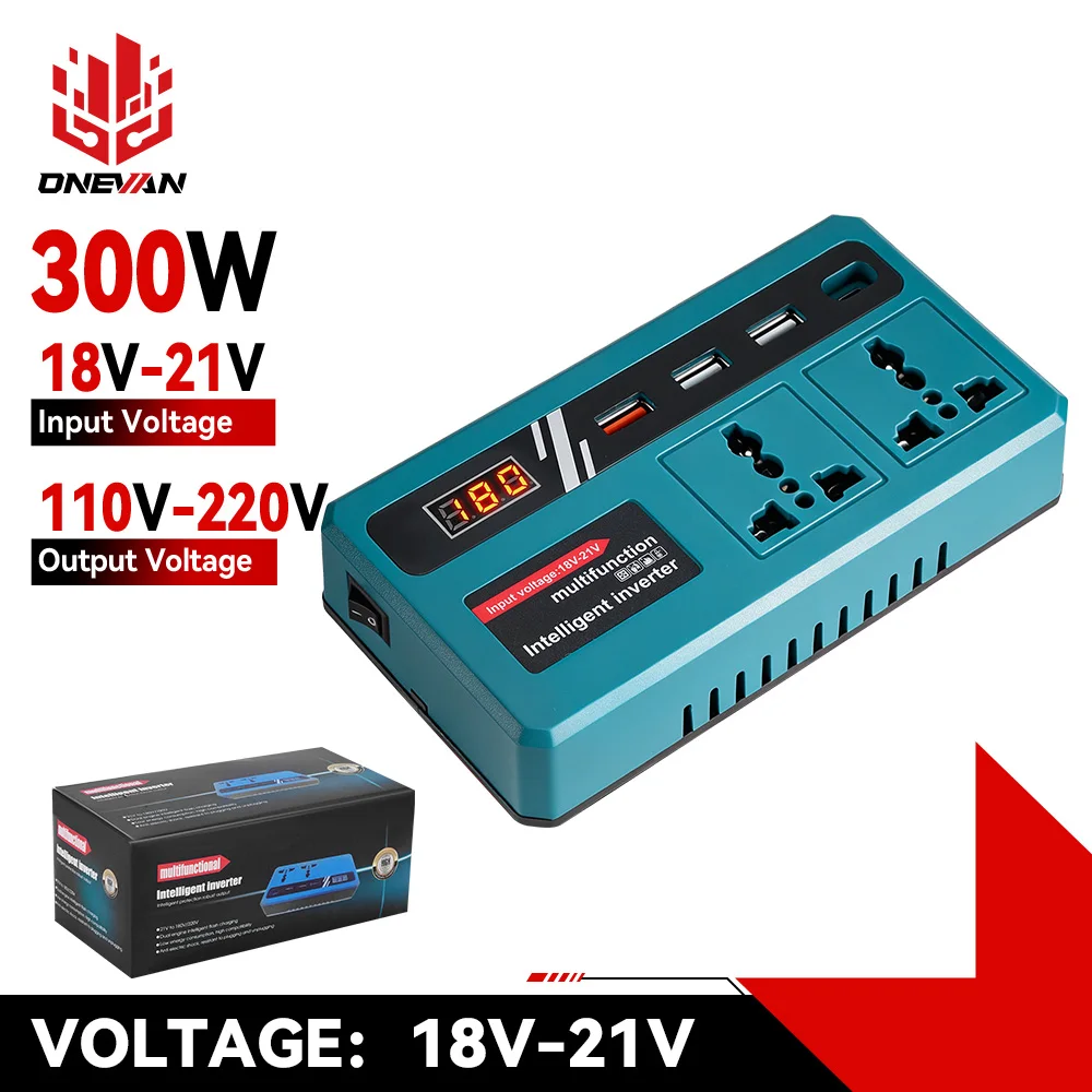 Inverter di Potenza ONEVAN 300W da DC 18V-21V a AC 220V per Batteria al Litio con Doppia Porta di Ricarica USB per Batteria Makita 18V