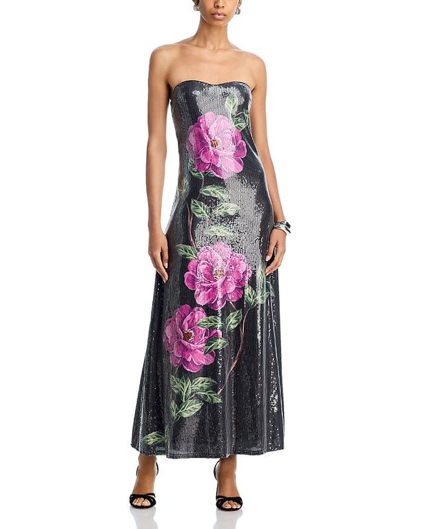 Sequin Strapless Oversized Floral Midi Dress - Red - Aqua Dresses