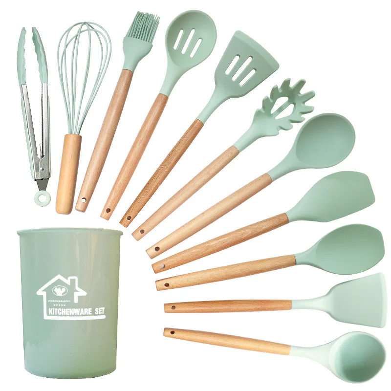 Ustensiles de cuisine antiadhésifs en Silicone, ensemble d'ustensiles de cuisine pour la cuisine, manche en bois, spatule, batteurs d'œufs, accessoires d'ustensiles de cuisine 12 pièces