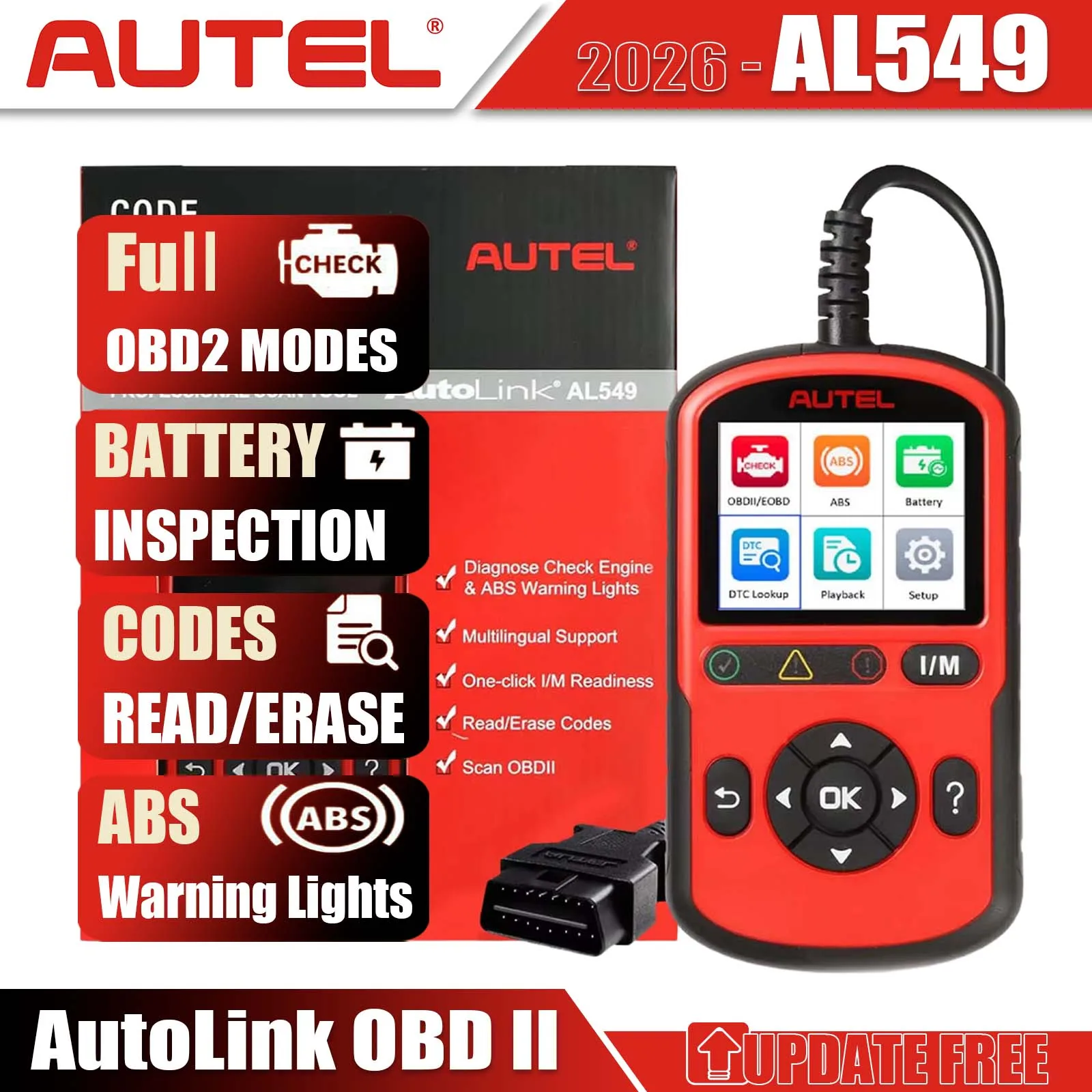 Lecteur de code OBD2 Autel AL549, lecteur de code AutoVin, effacement des codes ABS DTC, test de batterie, diagnostic des pannes du moteur, outil CAN, version améliorée de l