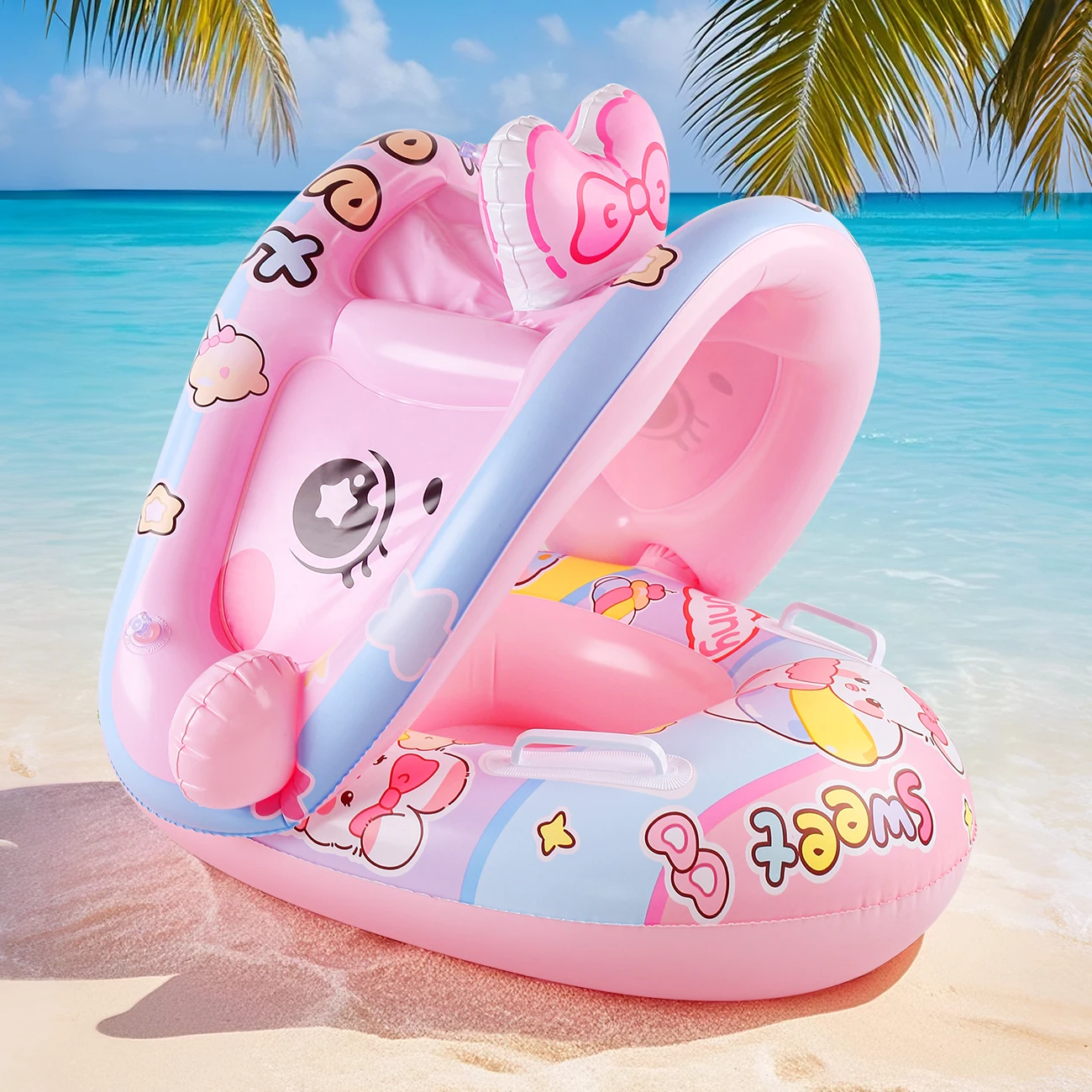 1 x aufblasbare Sonnenschutz-Liege mit niedlichem Häschen-Rosa, sommerlicher, unverzichtbarer Armlehnen-Schwimmring für Kinder unter 30 kg Image