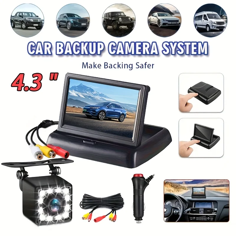 10,92 cm 12 LED Nachtsicht-Auto-Rückfahrkamera mit faltbarem LCD-Display, 480P HD-Videoauflösung, passend für Auto-Stecker Image