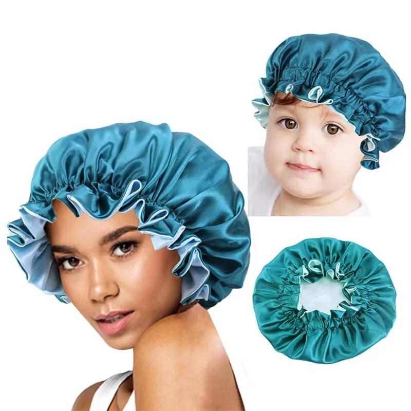 Mama Und Baby 2 stücke Set Satin Bonnet für lockiges Haar Doppel Schicht Seidige Nacht Schlaf Abdeckung Kappe Eltern und kinder Hut Haar Styling Image