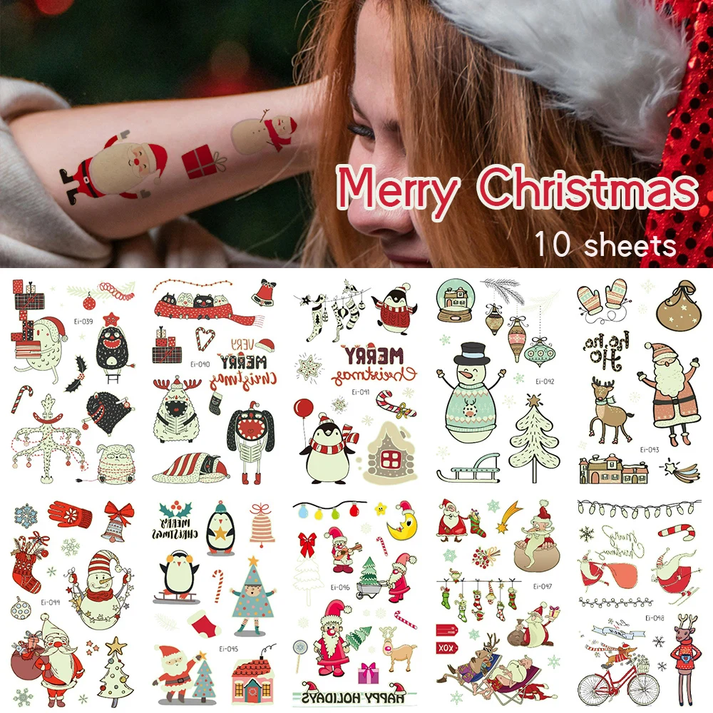 Frohe Weihnachten leuchtende Weihnachten temporäre Tattoos – Weihnachtsmann, Bär, Baum-Design, Körperkunst-Tattoo-Dekoration, Weihnachts-Requisiten Image