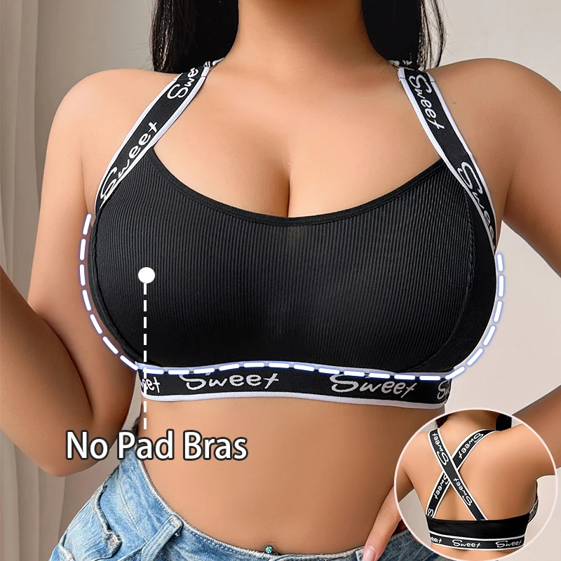 1 stücke Plus Größe 1XL-4XL Nahtlose Rippen Sexy frauen Bhs Brief Kreuz Schulter Riemen Weibliche Unterwäsche Plus Up sexy Dessous