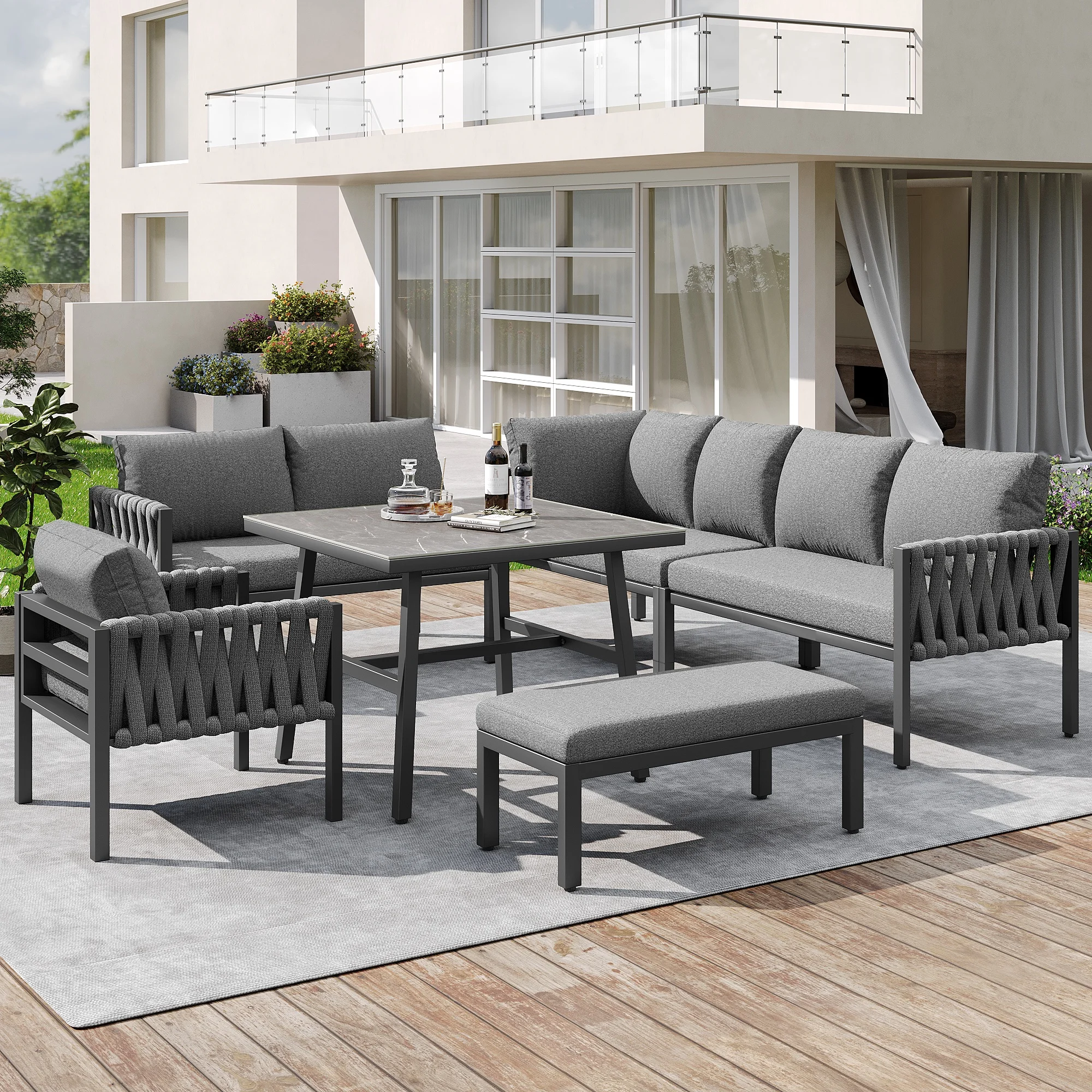 Gartenmöbel Sets（5er-set）,Garten Lounge Set,Gartensofa-Set，Ecksofa，Sitzgarnitur mit verzinktem Eisengestell, mit Kissen