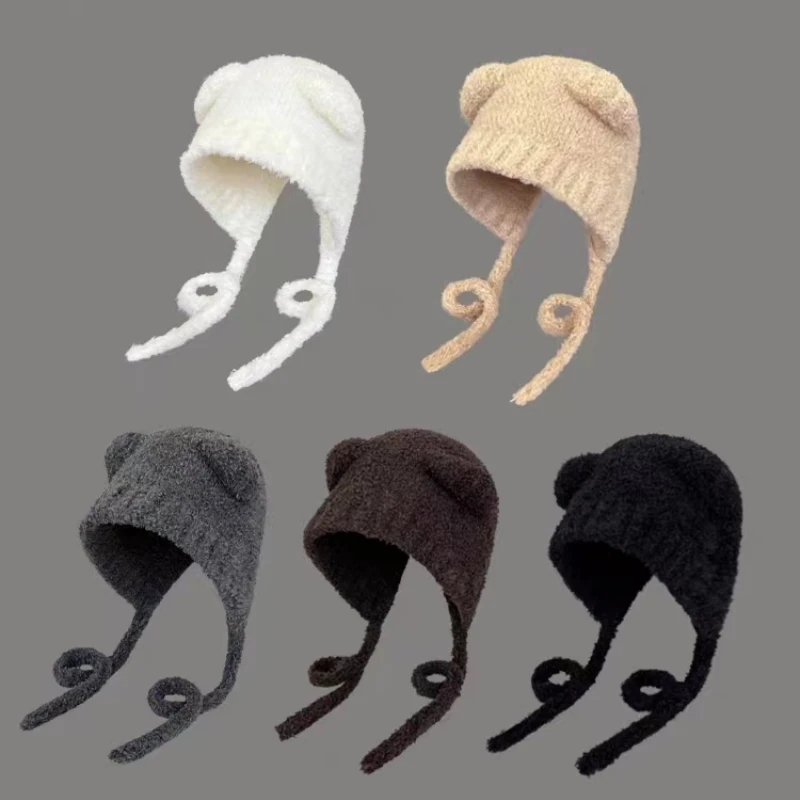 Herbst Winter Nette Bär Ohr Thermische Gestrickte Hut Frauen mit Band Ohr Schutz Beanie Hut Japanische Koreanische Vielseitig Skullies Hut Image
