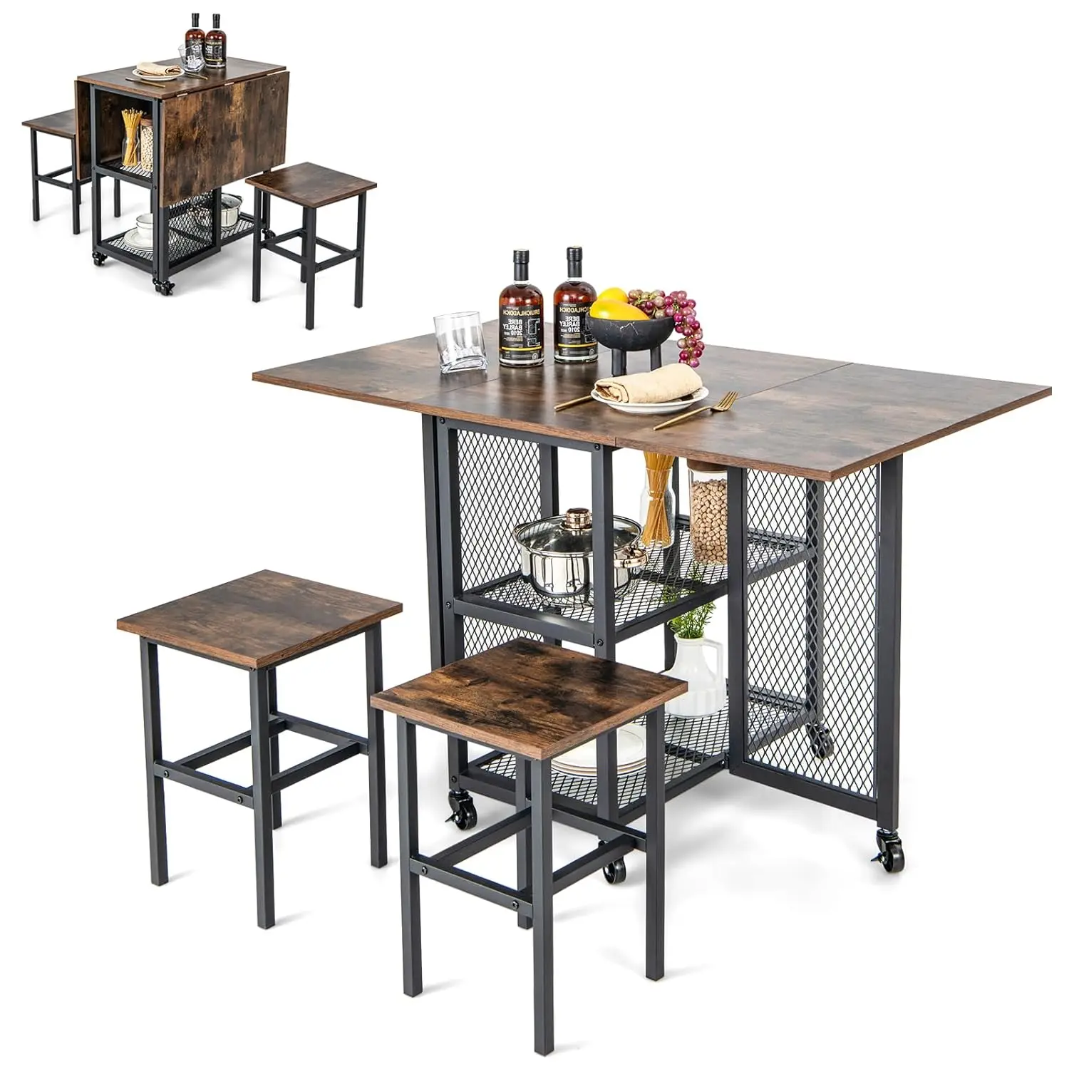 Esstisch-Set, klappbarer Küchentisch mit 2 Hockern, ausziehbare Esstisch mit Rollen, 2 Regale, Metall, individuell gestaltet