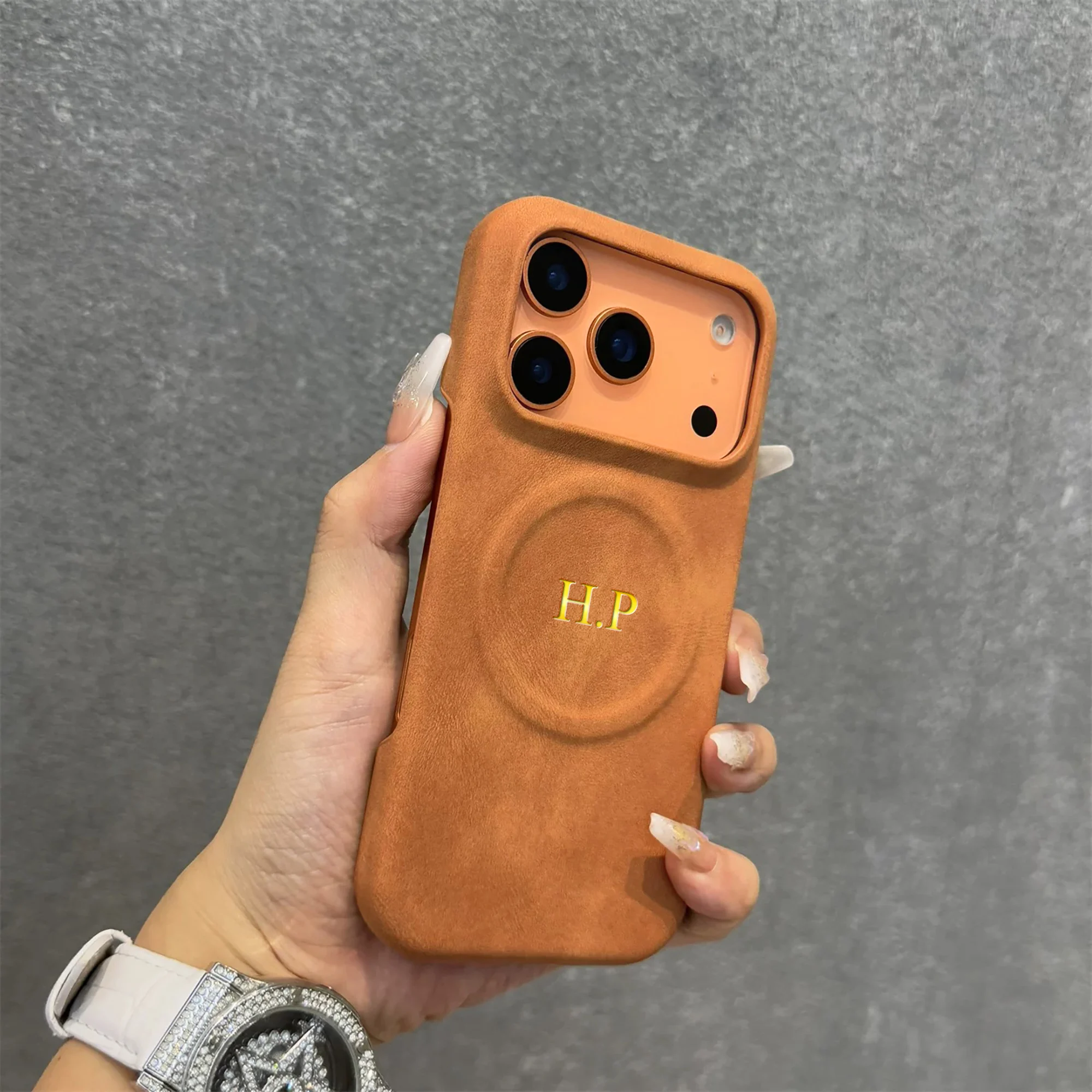 Individuelles DIY-Handyhülle für iPhone 17 16 15 14 13 Pro Max 17 Air mit Heißfolienprägung in Gold, Retro-Kunstleder, kabellos, magnetisch Image