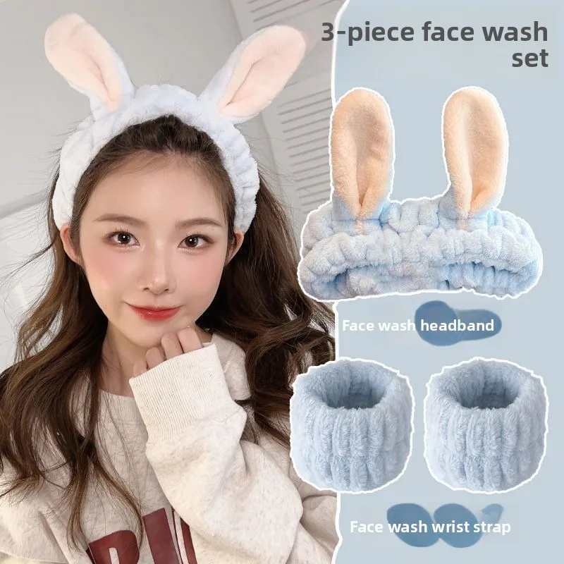 3-teiliges Stirnband mit niedlichen Hasenohren, 3-teiliges Gesichtspflege-Set mit wasserfestem Armband zum Waschen von Make-up
