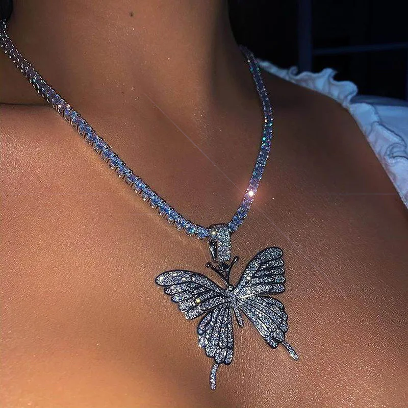 Hip Hop Big Butterfly Anhänger Halskette Strass Kette für Frauen Bling Tenniskette Kristall Halsband Halskette Party Schmuck