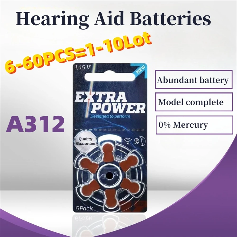 6–60 Stück Hörgerätebatterien Extra Power Größe 312, A312, 1,45 V braun PR70 Zinc Air passend für CIC-HdOhrhörer Image