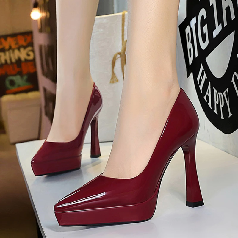 Dame Chic Patent Leder 12 cm High Heels Schuhe Frauen Elegante 2,5 cm Plattform Spitz Pumpen Weibliche Mode Datum kleid Schuhe