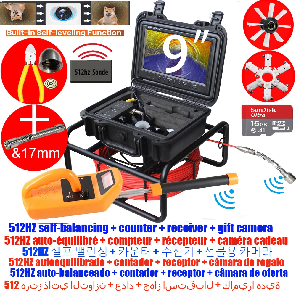 2026 Neue Kanalinspektionskamera mit Ortungsgerät, 9-Zoll-IPS-DVR, 5-mm-Glasfaserkabel, AHD 1080P Endoskop, selbstnivellierend, 512 Hz Image