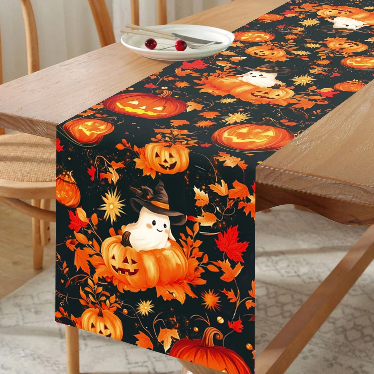 Halloween-Geister-Kürbis-Tischläufer für Kinder, Halloween-Thanksgiving-Party, Geschenk, Tischläufer, Süßes oder Saures, Partyzubehör Image