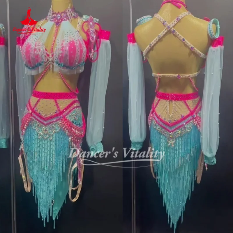 Bauchtanz-Wettbewerbskostüm für Erwachsene und Kinder, maßgeschneidertes High-End-Luxus-Strass-Quasten-Set, Trommel-Solo-Performance-Outfit Image
