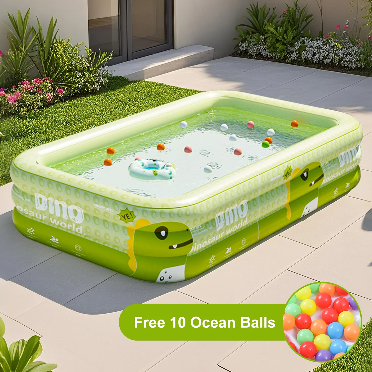 1 x großer aufblasbarer Pool, leuchtend farbiger Familienpool, ideal zum Spielen zu Hause und im Freien, mit 10 Meeresbällen Image