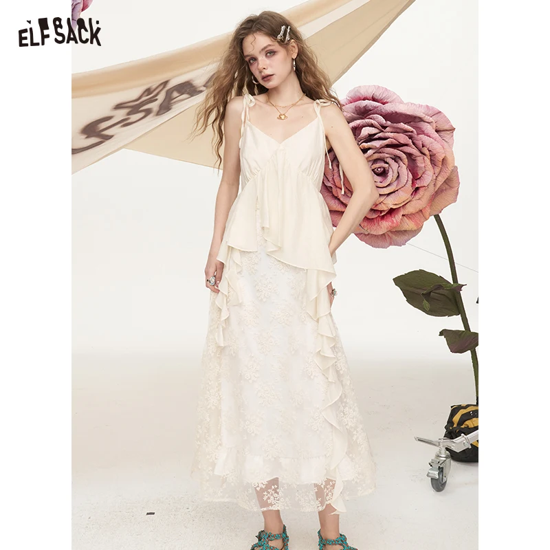 ELFSACK 2025, Sommer-Neuheiten, weiße Spitze, Patchwork, unregelmäßiger Hosenträger, schickes Kleid Image