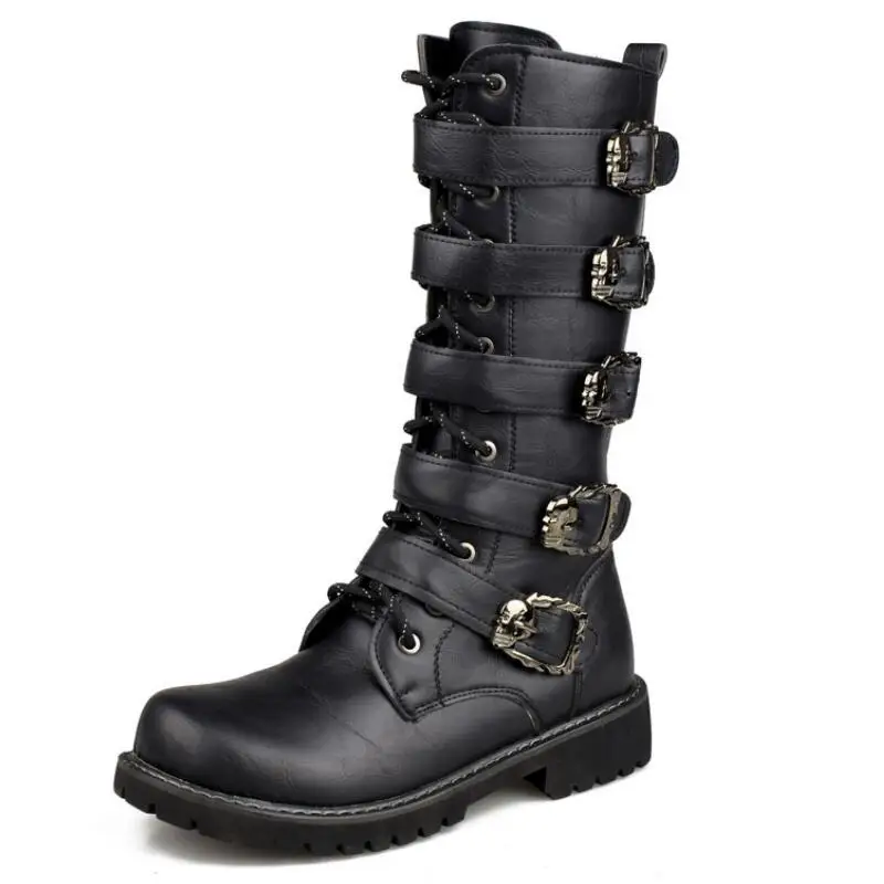 Große Größe 38-46 Herren PU Leder Motorradstiefel Mittelkalb Atmungsaktive Kampfstiefel Gothic Gürtel Punk Stiefel Herren Rock Punk Schuhe