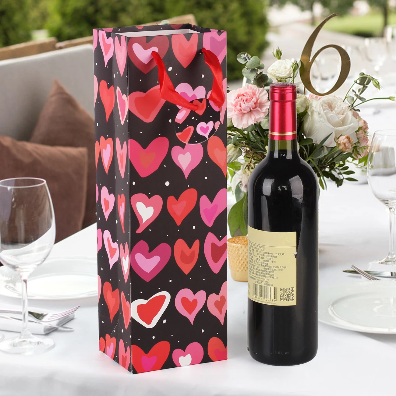 8 Stück Rotwein-Geschenktüten mit Griffen für Flaschen, Geschenke, Papier-Weinbeutel für Valentinstag, Hochzeit, Weihnachten, Babyparty, Geburtstagsfeier Image
