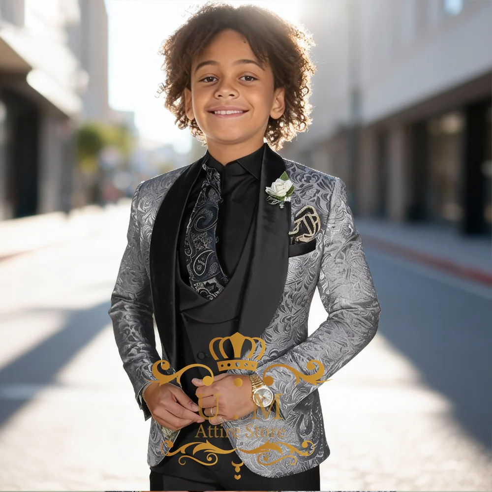 Graues Jacquard-Set für Jungen, 3-teilig, schwarzes Satin-Schal-Revers-Jacke, Weste und Hose, individuelles Set für Hochzeitsball, Kinder-Abendkleid Image