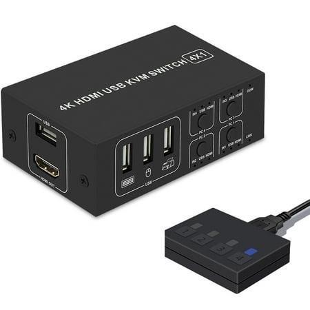 4 Ports HDMI KVM Switch 4K@30HZ/1080P@60HZ USB HDMI KVM Switcher 4 in 1 Out USB HDMI Share Monitor Mouse Keyboard Camera Printer W/ Desktop Controller