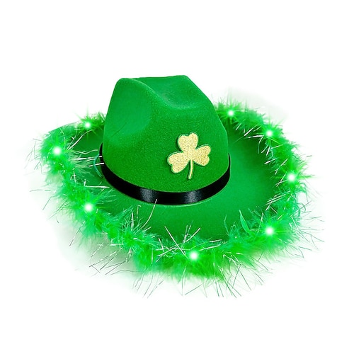 2er-Pack St. Patrick's Day grüner Glitzer-Cowboyhut, irischer grüner Kleeblatt-Western-Cowboyhut mit Laterne Image
