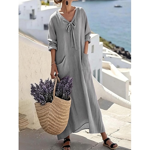 Damen Maxikleid Shiftkleid Freizeitkleid Baumwoll-Leinenkleid Mode Modern Täglich Urlaub Ausgehen Lässiger Schnitt Einfach Langarm V Ausschnitt Blau Purpur Fuchsie Grün Frühling Herbst Image