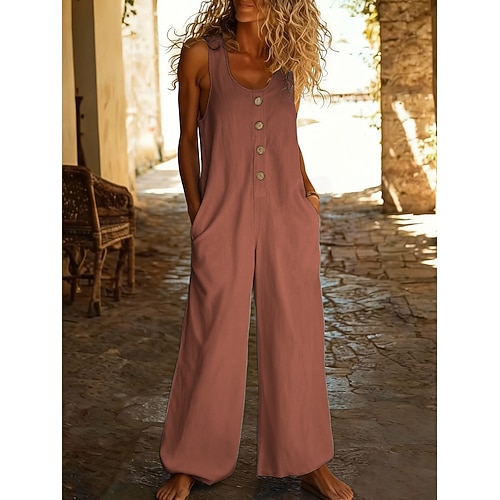 Damen-Jumpsuit aus Baumwoll-Leinen-Imitat, einfarbig, ärmellos, weites Bein, U-Ausschnitt, Taschen, Knöpfe, lockere Passform, ideal für Alltag und Urlaub, in Blau, Schwarz und Königsblau, perfekt für Image