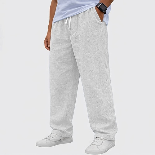 Herren Leinenhosen Hose Sommerhose Baggy-Hosen Strandhose Kordelzug Elastischer Bund Gerader Schnitt Einfach Komfort Atmungsaktiv Volle Länge Lässig Täglich Ferien Mode Basic Schwarz Weiß Unelastisch Image