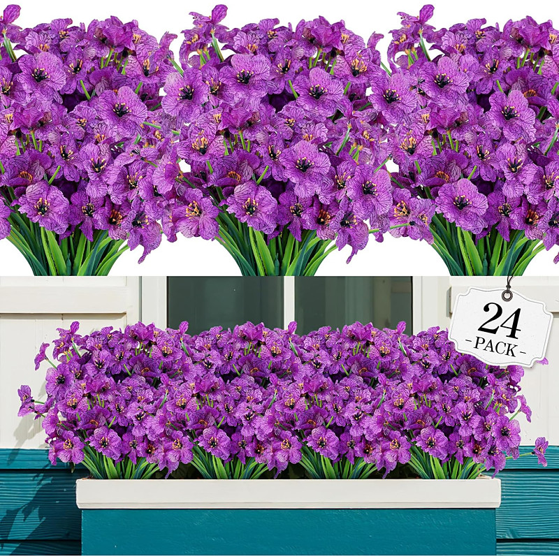 24 Bundles Artificial Flowers for Outdoor,No Fade Fake Plastic Flowers Faux Plants for Decoration Hanging Planters Indoor Outside Garden Porch Window Box Home Wedding Farmhouse