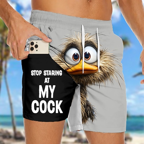 Herren Lustig Ente Lustiger Slang Gefütterte Shorts 2 in 1 Badeshorts Badeshorts Mittlere Taille Hawaiianisch Strandurlaub Seitentaschen Mit Kompressionsfutter Elastischer Kordelzug in der Taille Image