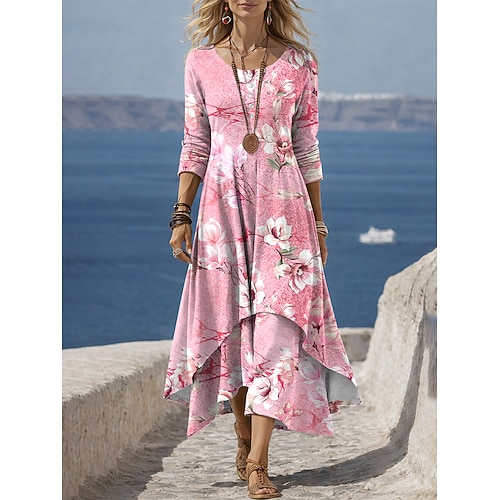 Damen Midikleid Shiftkleid Lässig Täglich Ferien Normale Passform Blumen Grafik Langarm Rundhalsausschnitt Blau Rosa Purpur Grün Sommer Frühling Image