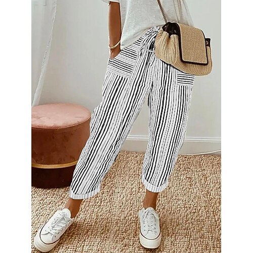 Damen Kunstbaumwollleinen Weites Bein Freizeithose Sommerhose Urlaub Mode Streetwear Volle Länge Mittlere Taille Gestreift Tasche Elastischer Bund Druck Bequem Atmungsaktivität Unelastisch Täglich Image