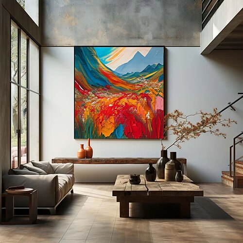 Handgemaltes Ölgemälde, abstrakte Blumenlandschaft auf Leinwand, großes Wandbild, originelle farbenfrohe Bergkunst, Frühlingsdeko, moderne Wohnzimmerdekoration Image