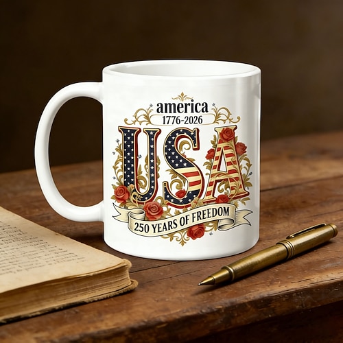 Amerikanischer Keramik-Kaffeebecher zum 250. Jahrestag, 11,2/15,2 oz, weiß, mit amerikanischer Flagge 250 Jahre, Jubiläums-Kaffeebecher aus Keramik, 1776–2026 Amerika 250, ideal für Büro oder Sammler Image