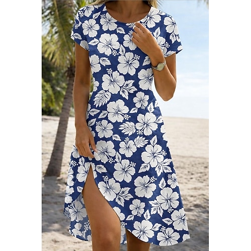 Damen Minikleid Sommerkleid T-Shirt-Kleid A Linie Kleid Urlaub Lässig Outdoor Strand Ausgehen Standard Passform Blumen Grafik Paisley-Muster Kurzarm Rundhalsausschnitt Kastanienbraun Weiß Muster wei Image
