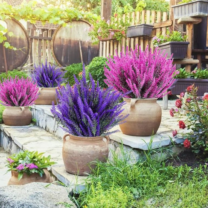 24 Bundles Outdoor Artificial Flocked Lavender Flowers, UV Resistant Faux Lavender Bushes, Purple Farmhouse Style Decor for Garden, Porch, Wedding, Home Arrangement