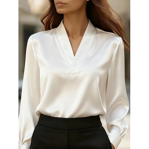 Damenbluse aus Satin, einfarbig, elegant, stilvoll, für Büro und Freizeit, langärmelig, V-Ausschnitt, reguläre Passform, schwarz, weiß, rosa, khaki, für Frühling und Herbst Image