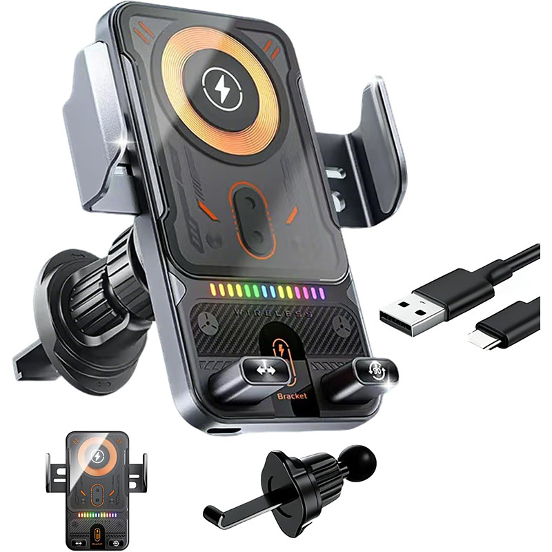 2-in-1 Car Rotating Mobile Phone Holder Wireless Charger, New Cool Car Wireless Fast Charging Holder, 15W Fast Wireless Charging Automatic Clamping Charging Auto Air Vent Holder for Smartphones