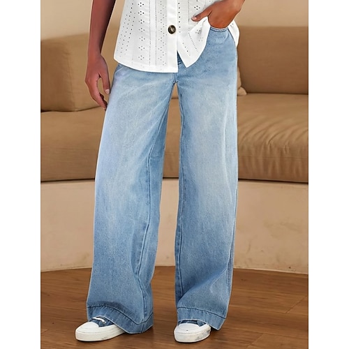 Per donna Jeans Gamba larga Moda Streetwear Lunghezza intera Vita Alta Semplice Tasca Comodo Morbido Confortevole Micro-elastico All'aperto Streetwear Blu Primavera Autunno Primavera, Autunno