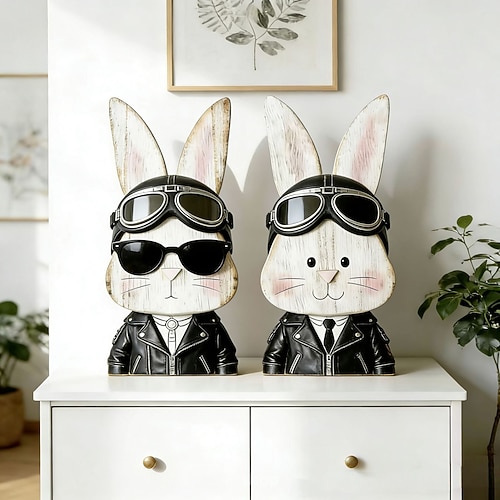 2-teiliges Tischgesteck aus Holz: Hasenfamilie, Osterhasenpaar im nordischen Stil, Frühlings-Tischdekoration Regaldekoration, Bastelfiguren für die Ostereiersuche Image