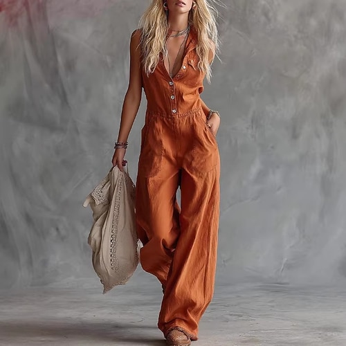 Elegantes, ärmelloses Damen-Kleid aus 100 % Leinen (Baumwollimitat), weites Bein, V-Ausschnitt, lockere Passform, Farbe: Rot, Orange, Schwarz, Sommer. Ideal für Zuhause. Image