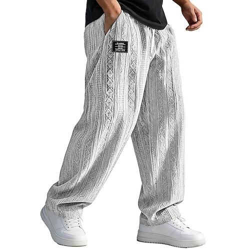 Herren Hose Baggy-Hosen Freizeithose strukturierte Hose Jacquard Elastischer Bund Gerader Schnitt Einfach Atmungsaktiv Volle Länge Lässig Täglich Outdoor Urlaub Mode Schwarz Weiß Unelastisch Image
