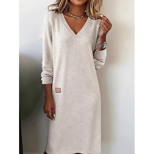 Damen Midikleid Shiftkleid Freizeitkleid Mode Basic Täglich Urlaub Ausgehen Normale Passform Einfach Langarm V Ausschnitt Weiß Wein Kamel Frühling Herbst Image