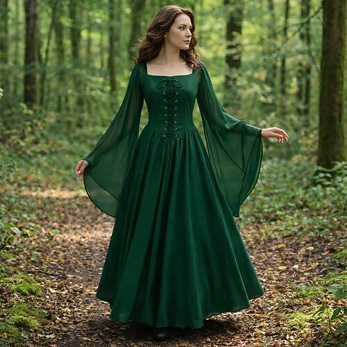 Retro Vintage Mittelalterlich Renaissance Bodenlang Kleid langarm Hexe Elf Kostüm Damen Halloween Karneval Maskerade Renaissance-Messe Retro-Mottoparty Erwachsene Kleid Image