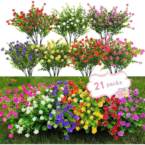 21 Bündel künstliche Outdoor-Pflanzen, UV-beständige künstliche Sträucher, künstliche Kunststoffblumen, künstliche Outdoor-Pflanzen für die Heim- und Gartendekoration (7 Farben) Image