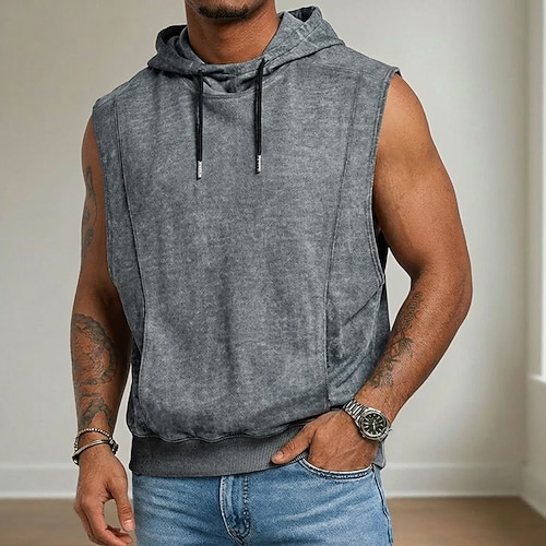 Herren-Tanktop mit Acid-Wash-Optik, ärmelloses Tanktop mit Kapuze, ärmelloses Oberteil mit Kapuze, Sommer, Frühling, ganzjährig, Vintage-Stil, lässig, Kordelzug, Freizeitkleidung, Sportbekleidung, Image