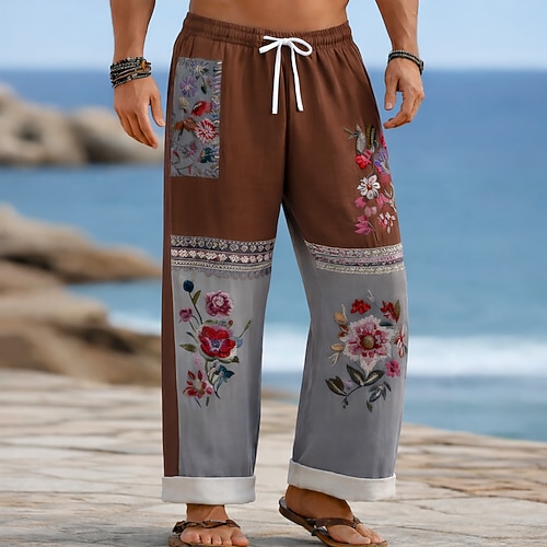 Herren Farbblock Blumendruck Blumen Hose Baggy-Hosen Freizeithose Mittlere Taille Boho Vintage-Retro Heim Outdoor Urlaub Elastischer Kordelzug in der Taille Leinenähnliche Hose mit Taschen Sommer Image